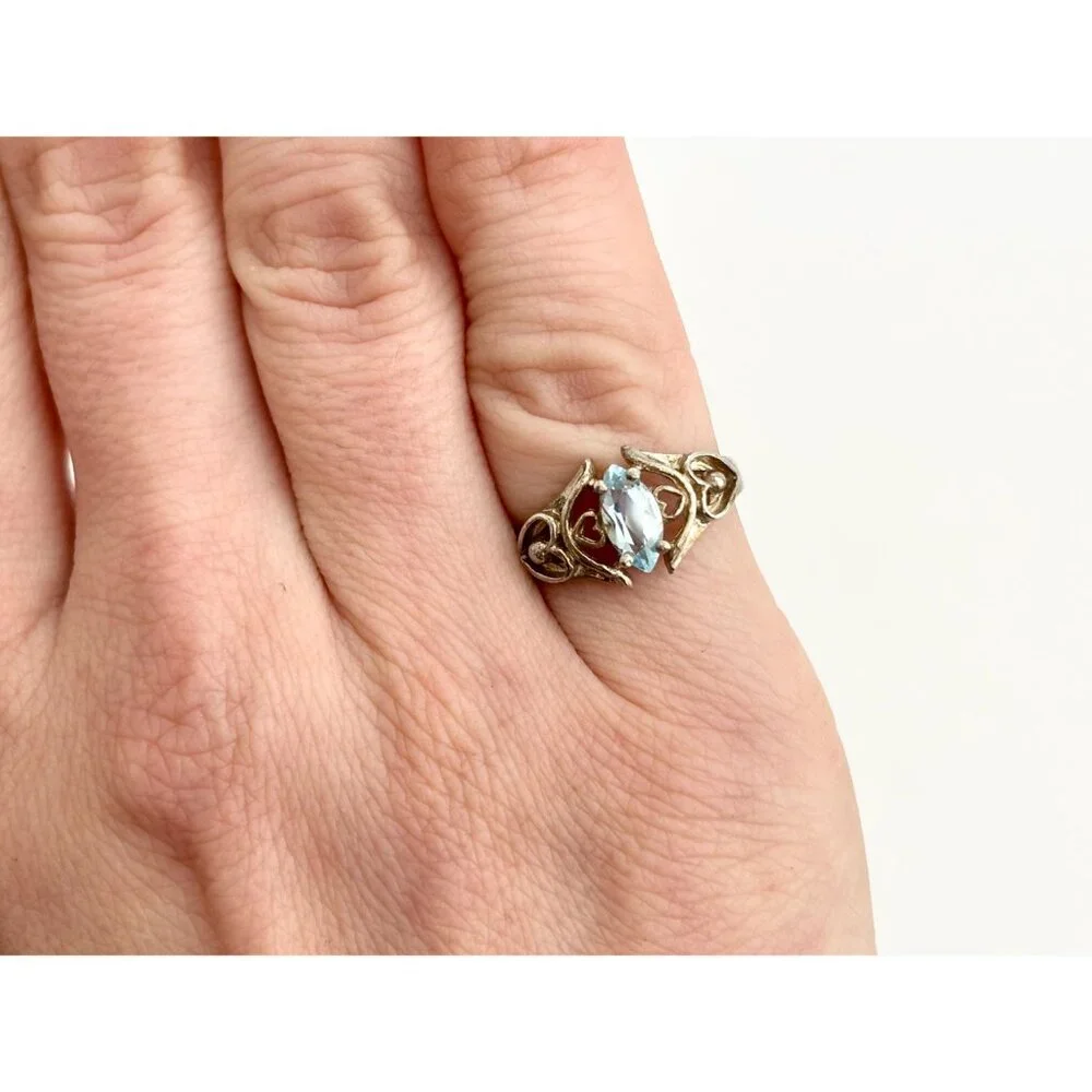 Aquamarine Semi-Precious 925 Solitaire Heart Sterling Silver Vintage Ring - sz 5